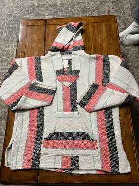 Baja Joe Mexican Drug Rug Hoodie Red-ish Pink Charcoal White Striped Pullover XL
